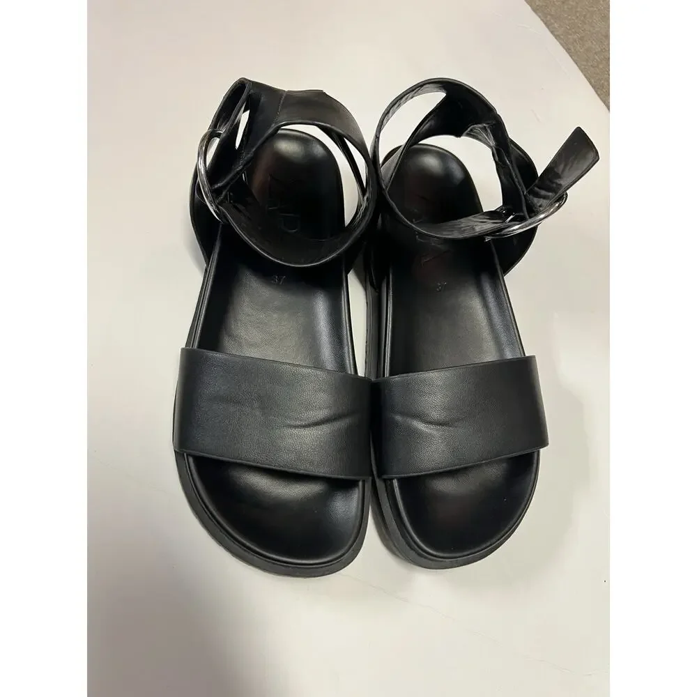 ZARA Leather Black Platform Sandals Wide Strap Ankle Buckle Chunky Shoes - Picture 8 of 9